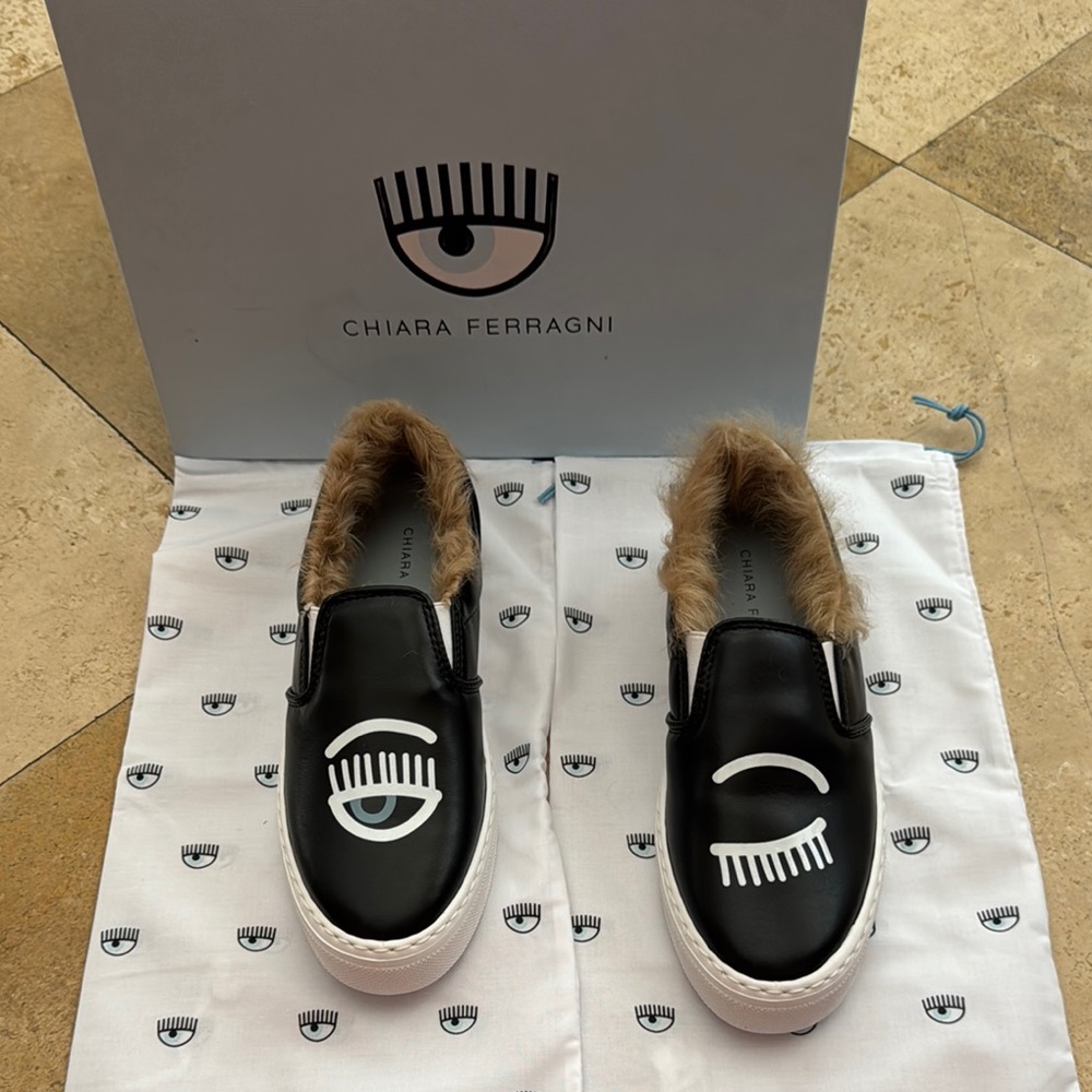 Chiara Ferragni Black Slip-On Sneakers with Fur Trim